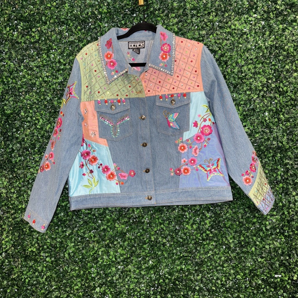 Berek XL Embellished Beaded Jean Jacket Silk Trim Bling Roses sequin